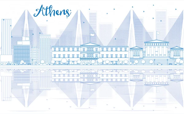 青い建物と反射でアテネのスカイラインの輪郭を描く. — ストックベクタ