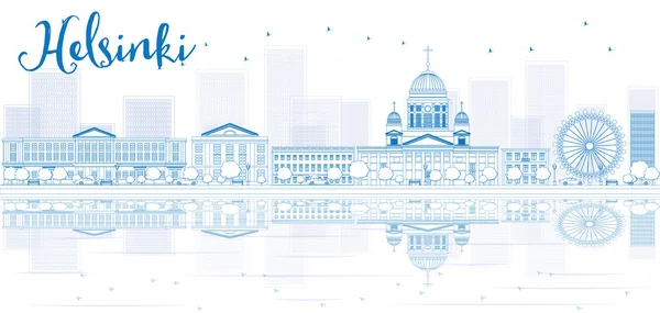 Schets de skyline van Helsinki met blauwe gebouwen en reflecties. — Stockvector