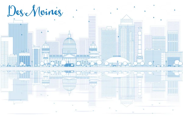 Outline Des Moines skyline with blue buildings and reflections. — Stock vektor