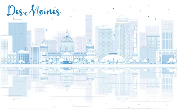 Outline Des Moines skyline with blue buildings and reflections.