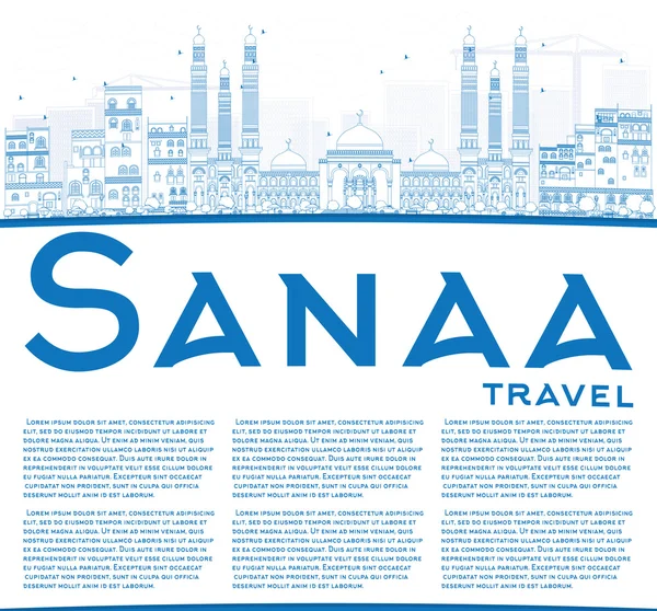 Esquema Sanaa (Yemen) Skyline con edificios azules . — Archivo Imágenes Vectoriales