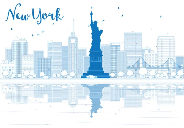 Esquema del horizonte de la ciudad de Nueva York con edificios azules . — Vector de stock