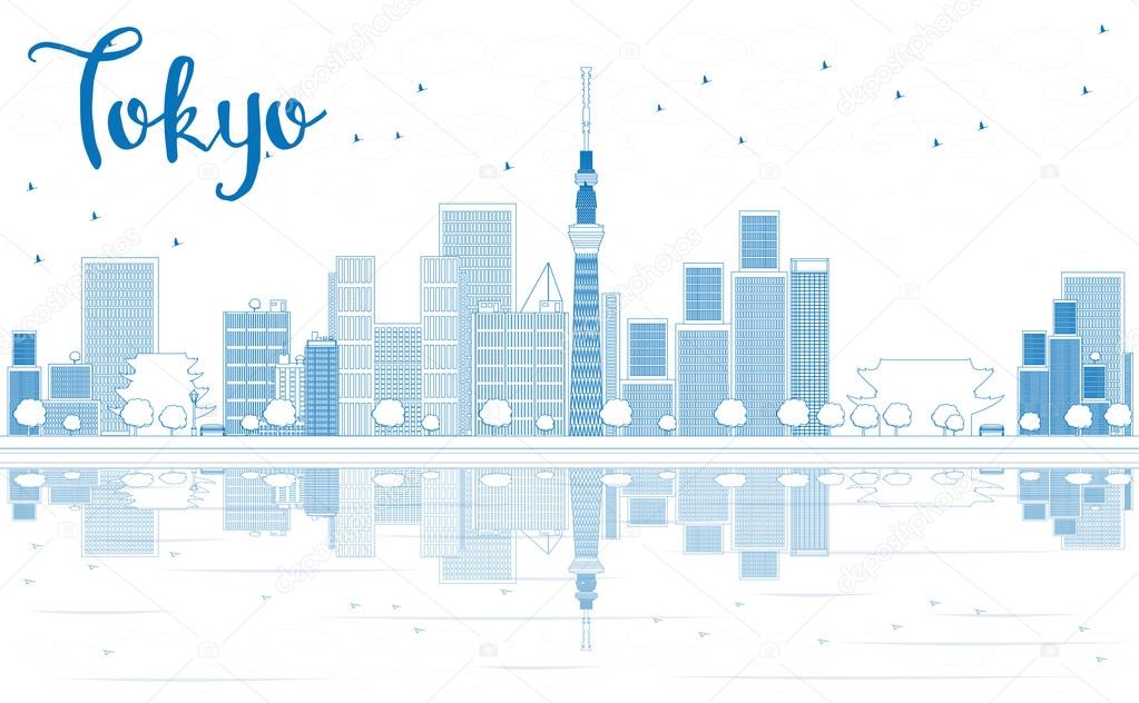 Outline Tokyo skyline with skyscrapers and Reflection.
