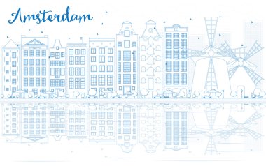 Mavi binalar ve yansımaları ile Anahat Amsterdam silueti. 