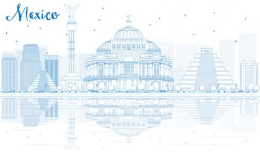 Outline Mexico skyline with blue buildings and reflections.  clipart