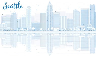 Mavi binalar ve yansımaları ile Anahat Seattle silueti.