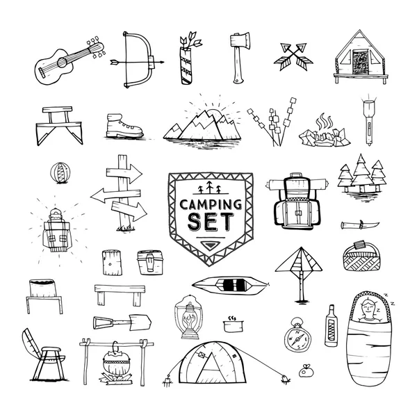 Conjunto de iconos de camping, senderismo o escalada a mano . — Vector de stock