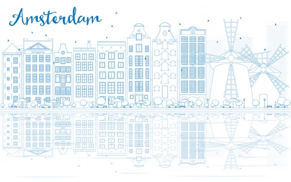 Outline Amsterdam skyline with blue buildings and reflections. — Stock Vector