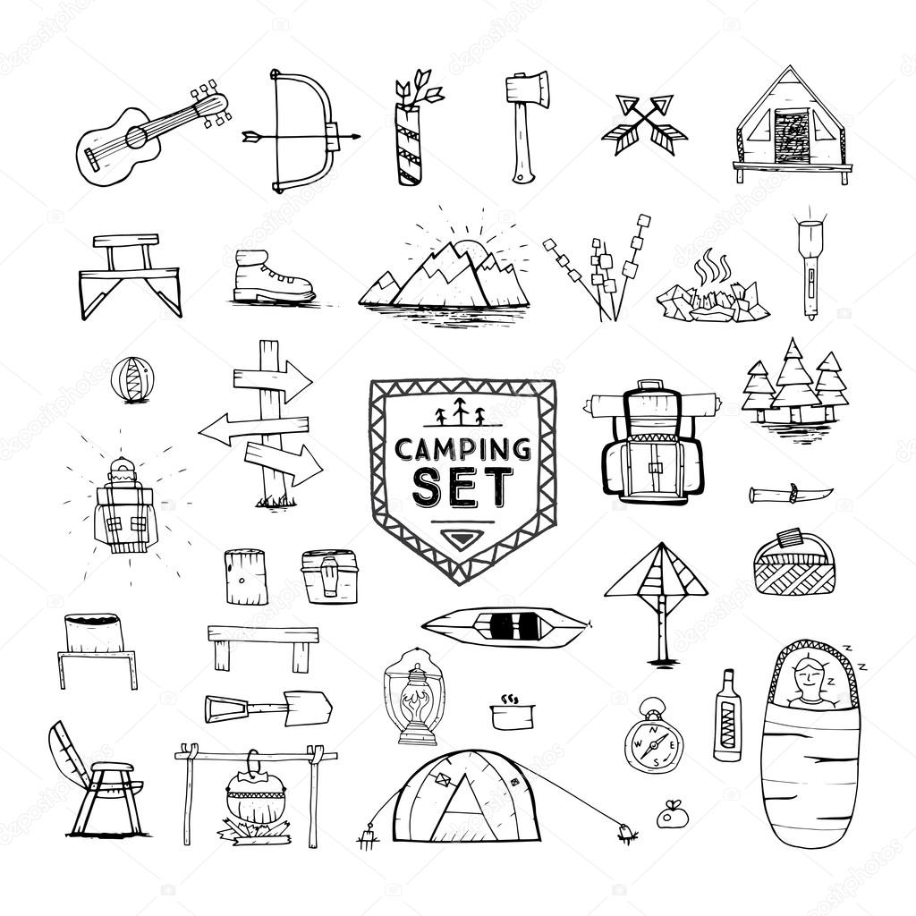 Hand drawn camping, hiking or mountain climbing icons set.