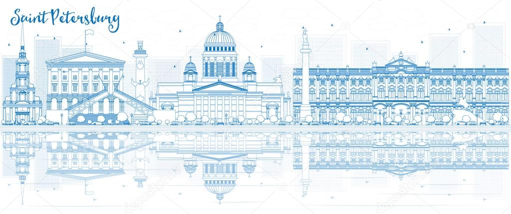 Outline Saint Petersburg skyline with blue buildings and reflect