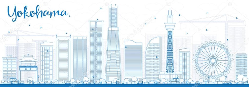 Outline Yokohama Skyline with Blue Buildings.