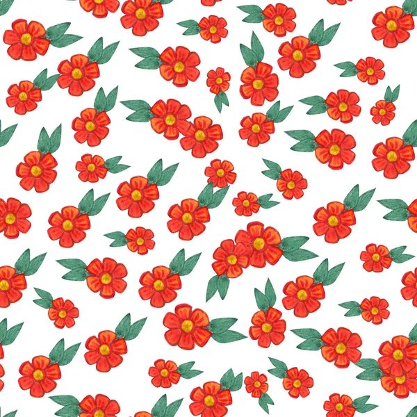 赤い花といくつかの花の要素を持つ水彩模様. — ストック写真