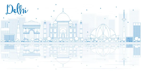 Outline Delhi skyline con edifici blu e riflessi . — Vettoriale Stock