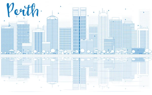 Outline Perth skyline with blue buildings and reflections. — Stock Vector
