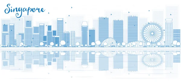 Skissera Singapore Horisont med blått byggnader och reflexioner. — Stock vektor