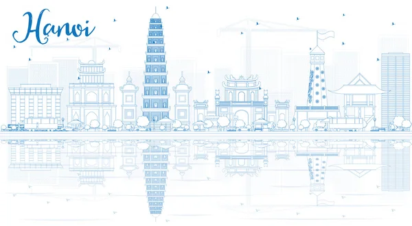 Umriss der Skyline von Hanoi mit blauen Wahrzeichen und Spiegelungen. — Stockvektor