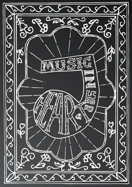 Disegno di lettering disegnato a mano con nota musicale e cornice — Vettoriale Stock