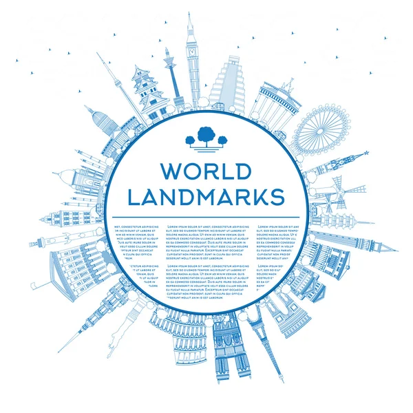 Concetto di viaggio Outline in tutto il mondo con famosi punti di riferimento — Vettoriale Stock