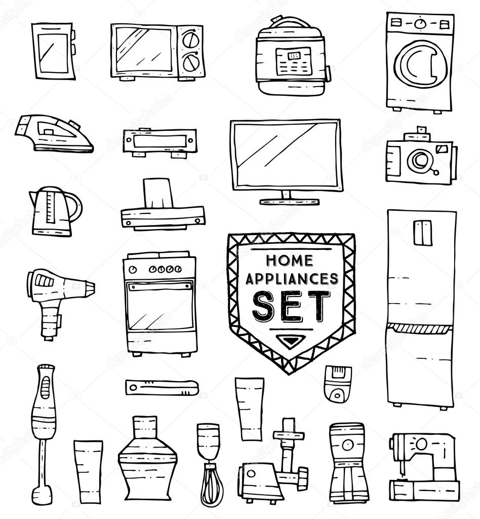 Home appliances doodle set. Vector illustration.