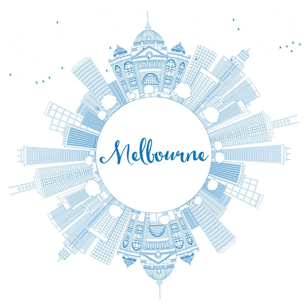 Esquema de Melbourne Skyline con edificios azules . — Vector de stock