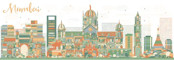 Resumen de Mumbai Skyline con puntos de referencia de color . — Archivo Imágenes Vectoriales