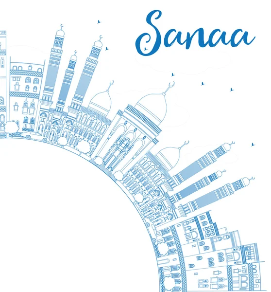 Esquema Sanaa (Yemen) Skyline con edificios azules . — Archivo Imágenes Vectoriales