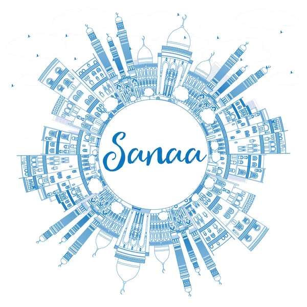 Plan Sanaa (Yémen) Skyline avec bâtiments bleus . — Image vectorielle
