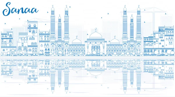 Skissera Sanaa (Yemen) Horisont med blått byggnader och reflexion — Stock vektor
