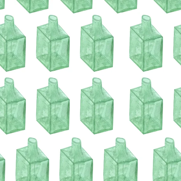 Bezproblémový vzor s lahví se zelenou vodní barvou. Izolovaný na bílém — Stock fotografie