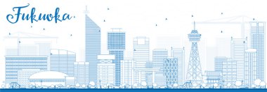 Mavi Simgesel Yapılar ile Anahat Fukuoka Skyline. 