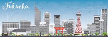 Gri Yerler ve Mavi Gökyüzü ile Fukuoka Skyline. 