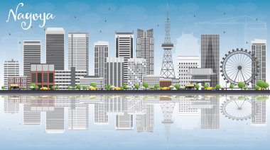 Gri Binalar, Mavi Gökyüzü ve Yansımaları ile Nagoya Skyline. 