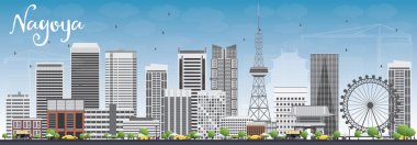 Nagoya manzarası gri binalar ve mavi gökyüzü ile. 