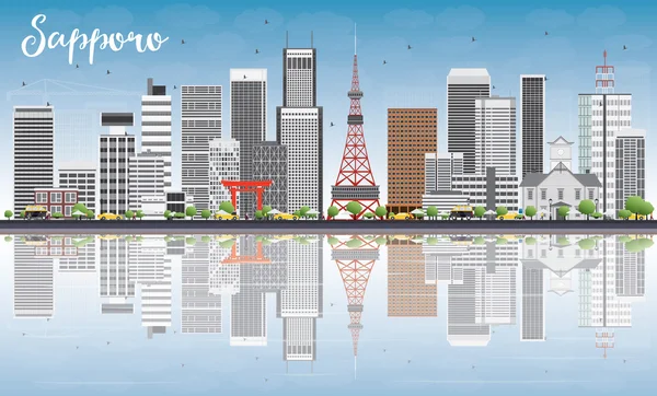 Sapporo Skyline with Gray Buildings, Blue Sky and Reflections. — Stock Vector