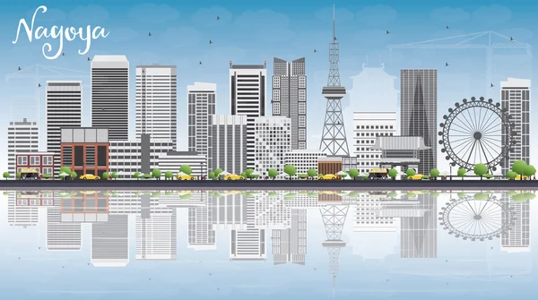 Skyline de Nagoya avec bâtiments gris, ciel bleu et reflets . — Image vectorielle