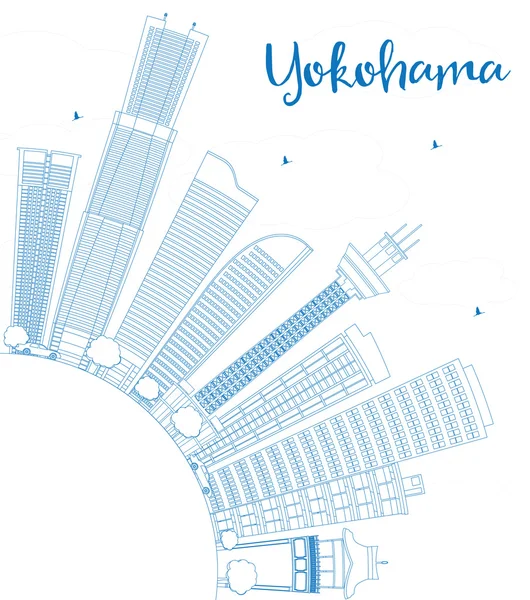 Esquema de Yokohama con edificios azules y espacio de copia . — Vector de stock