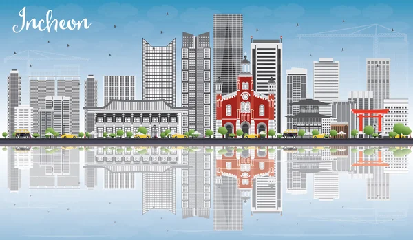 Incheon Skyline con edificios grises, cielo azul y reflexiones . — Vector de stock