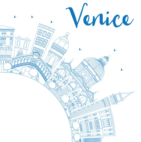 Esquema de la silueta del horizonte de Venecia con edificios azules . — Vector de stock