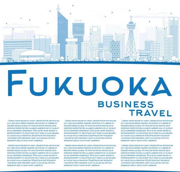 Esquema Fukuoka Skyline con hitos azules y espacio de copia . — Vector de stock