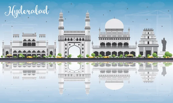Hyderabad Skyline com marcos cinzentos, céu azul e reflexões . —  Vetores de Stock