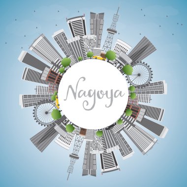 Nagoya manzarası gri binalar, mavi gökyüzü ve kopya alanı.