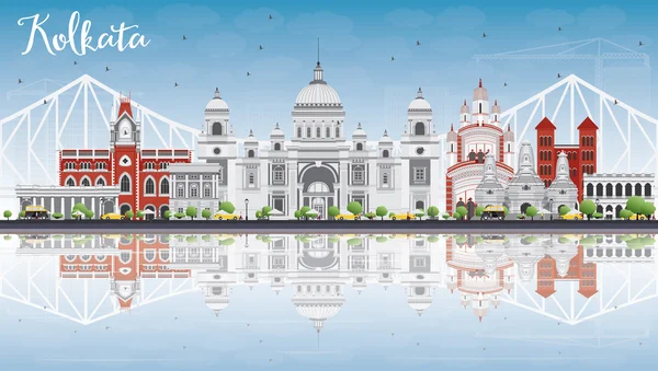 Kolkata Skyline mit grauen Sehenswürdigkeiten, blauem Himmel und Spiegelungen. — Stockvektor
