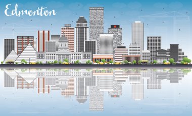 Gri Binalar, Mavi Gökyüzü ve Yansımaları ile Edmonton Skyline. 