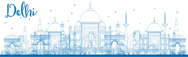 Outline Delhi skyline with blue landmarks. — Stock Vector
