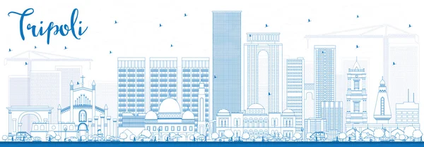 Περίγραμμα ορίζοντα Τρίπολη με μπλε κτίρια. — Διανυσματικό Αρχείο