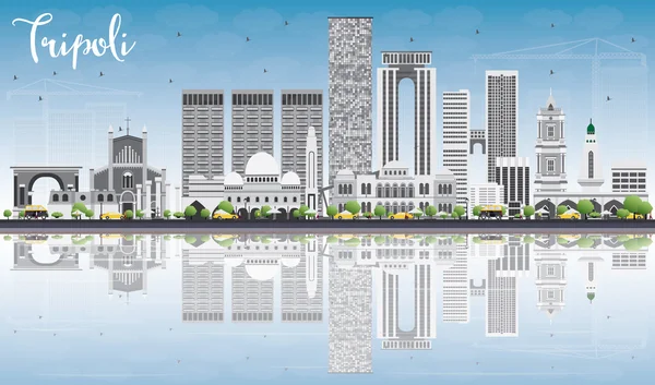 Skyline von Tripolis mit grauen Gebäuden, blauem Himmel und Spiegelungen. — Stockvektor