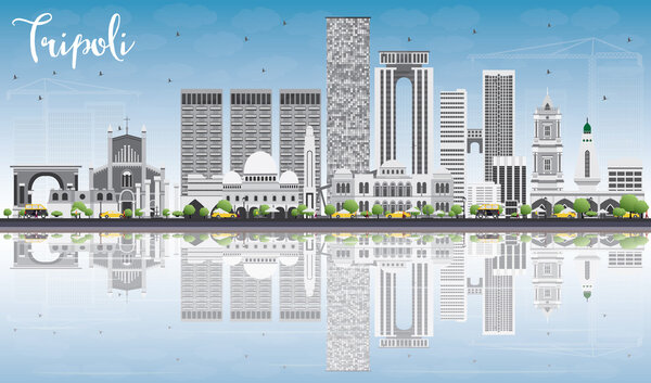 Tripoli Skyline с серыми зданиями, голубым небом и рефлексами
.