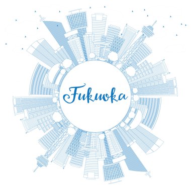 Mavi Yerler ve Copy Space ile Anahat Fukuoka Skyline. 