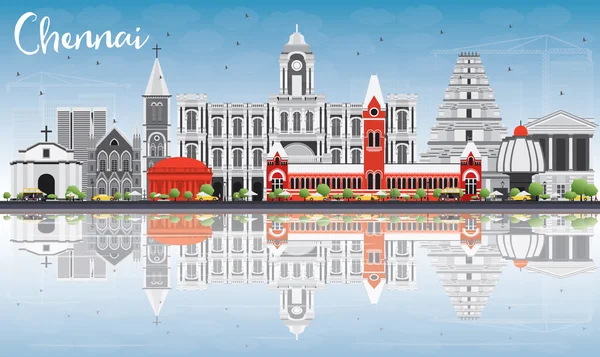 Chennai Skyline con puntos de referencia grises, cielo azul y reflexiones . — Vector de stock