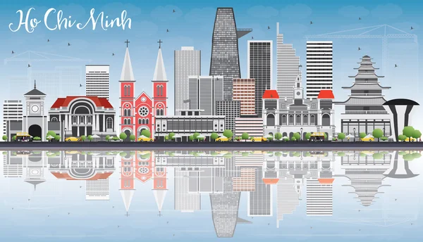 Skyline van Ho Chi Minh met grijze gebouwen, blauwe hemel en reflectie — Stockvector